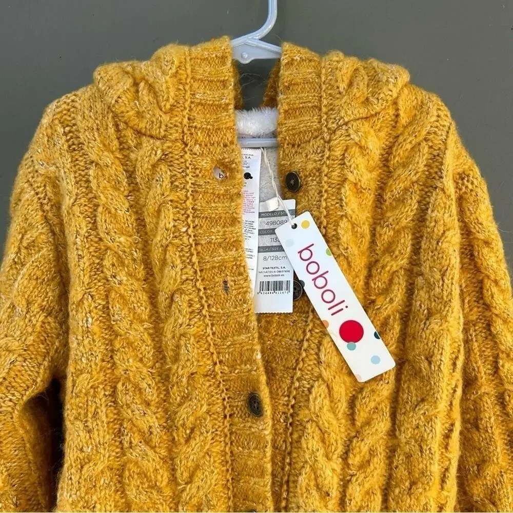 Boboli Kid’s Yellow Cable Knit Button Down Hoodie, Faux Fur Lining Size 8yrs NWT